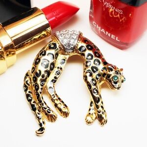 🐆 Vintage Gold & Crystal Cheetah Brooch & Pendant
